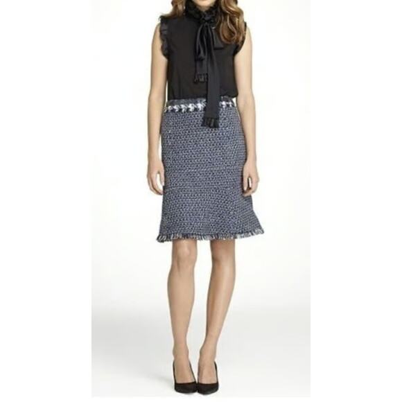 Tory Burch Maryna Skirt Navy Blue Tweed Fringe Peplum Hem Beaded Waist SZ 12 - Picture 1 of 13